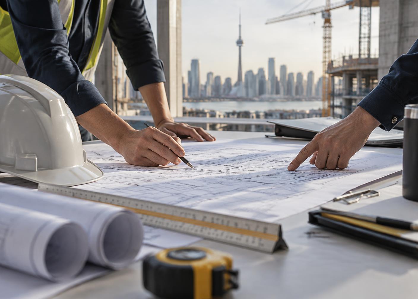Representative construction planning session with drawings
